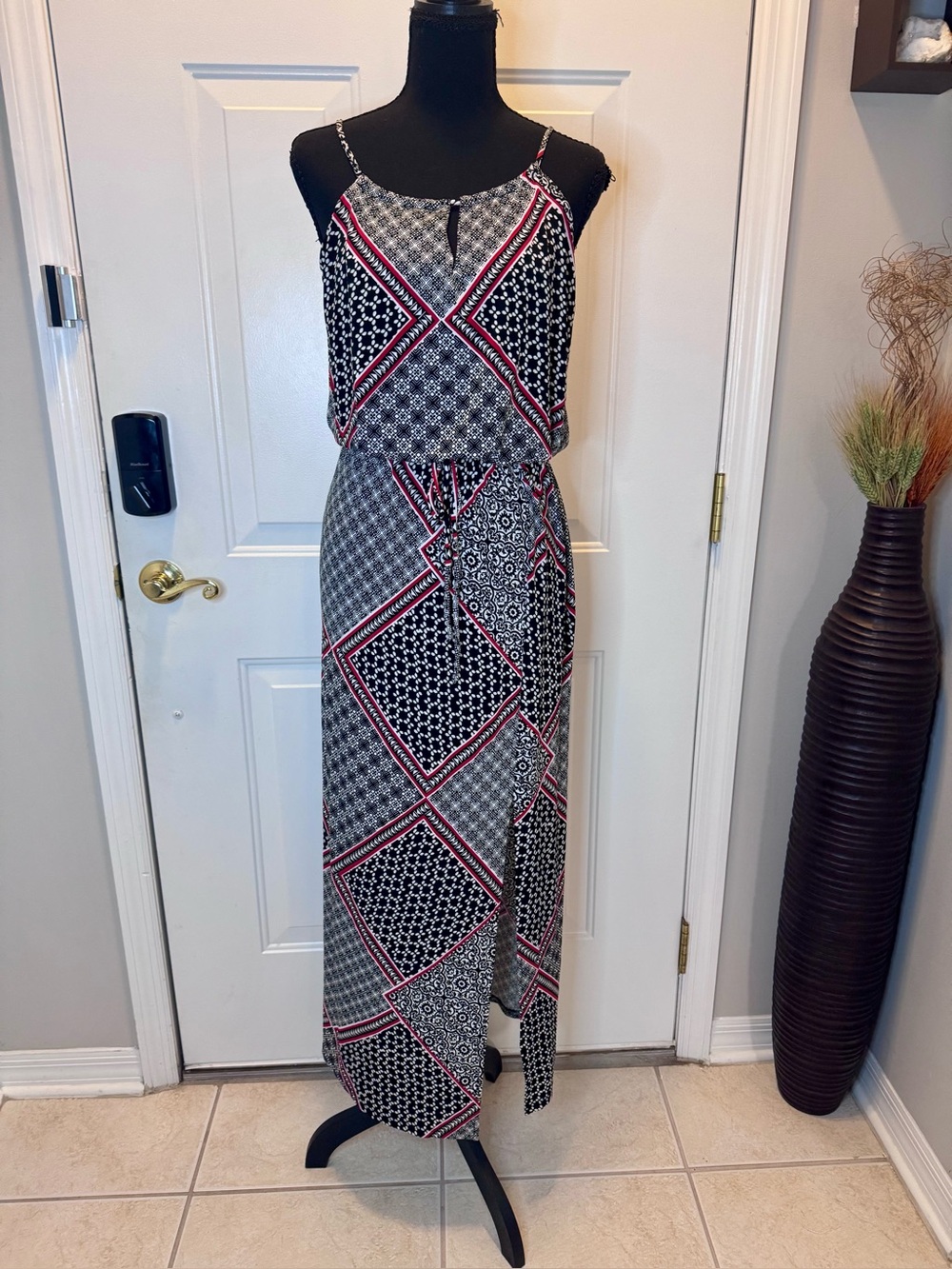 Enfocus Studio Black, White & Red Geometric Print Maxi Dress